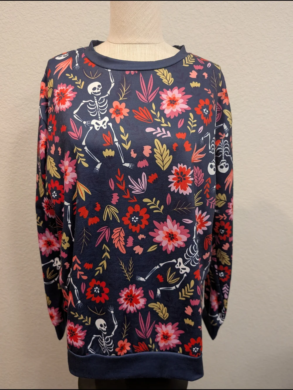 Floral Skeleton Print Navy Sweatshirt - Picture 1 of 5